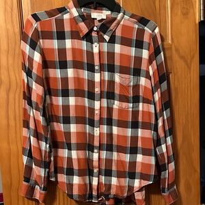 LOFT Orange, Black & White Plaid Button-Down Shirt in like new condition